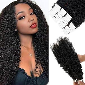 20pcs Jerry Curly Tape in Hair Extensions Real Human Hair, 22 Inch, 50g Curly Tape in Natural Black for Women