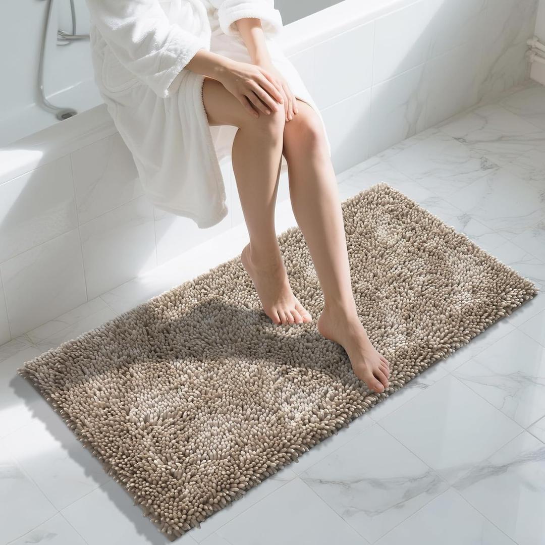 Yimobra Long Bathroom Rug Non Slip 44x24 Inch, Extra Thick Soft Absorbent Chenille Bath Mat, Machine Washable Quick Dry Bath Rugs for Bathroom Floor, Tub and Shower, Home Decor Accessories, Camel
