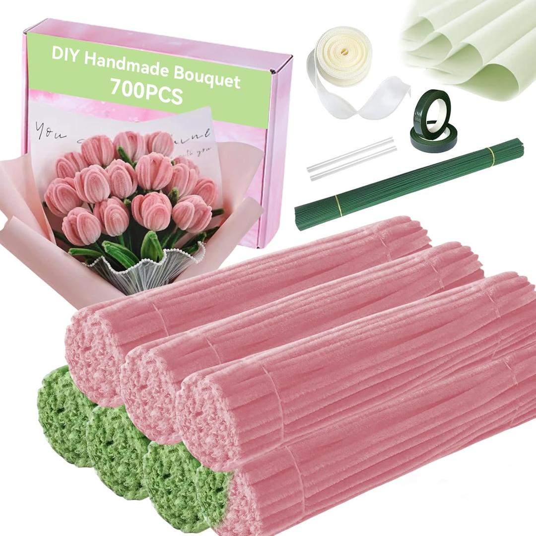700pcs (Pink and Green) Tulips Pipe Cleaners, DIY Flower Bouquet Kit Chenille Stems,Flower Making Craft Materials(56Flowers),Art and Craft Supplies
