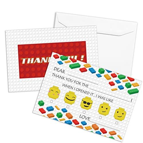 QOFO Building Blocks Fill in the Blank Thank You Cards,Thank You Notes,Gender Neutral Thank You Cards,Birthday Party,Event,or Holiday Use,Thank You Notes with Envelopes Set of 25-GXK10