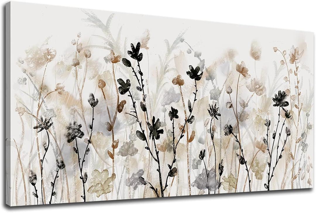 Large Framed Floral Wall Art Flowers Canvas Pictures Grey Cream Brown Abstract Botanical Canvas Painting Artwork Simple Life Wall Decor for Living Room Bedroom Kitchen Home Office Decoration 29"x 58"