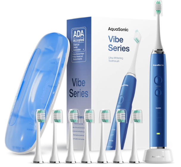 Aquasonic Vibe Series UltraWhitening Toothbrush – ADA Accepted Electric Toothbrush  8 Brush Heads & Travel Case – 40,000 VPM Motor & Wireless Charging  4 Modes w Smart Timer – Sapphire Blue