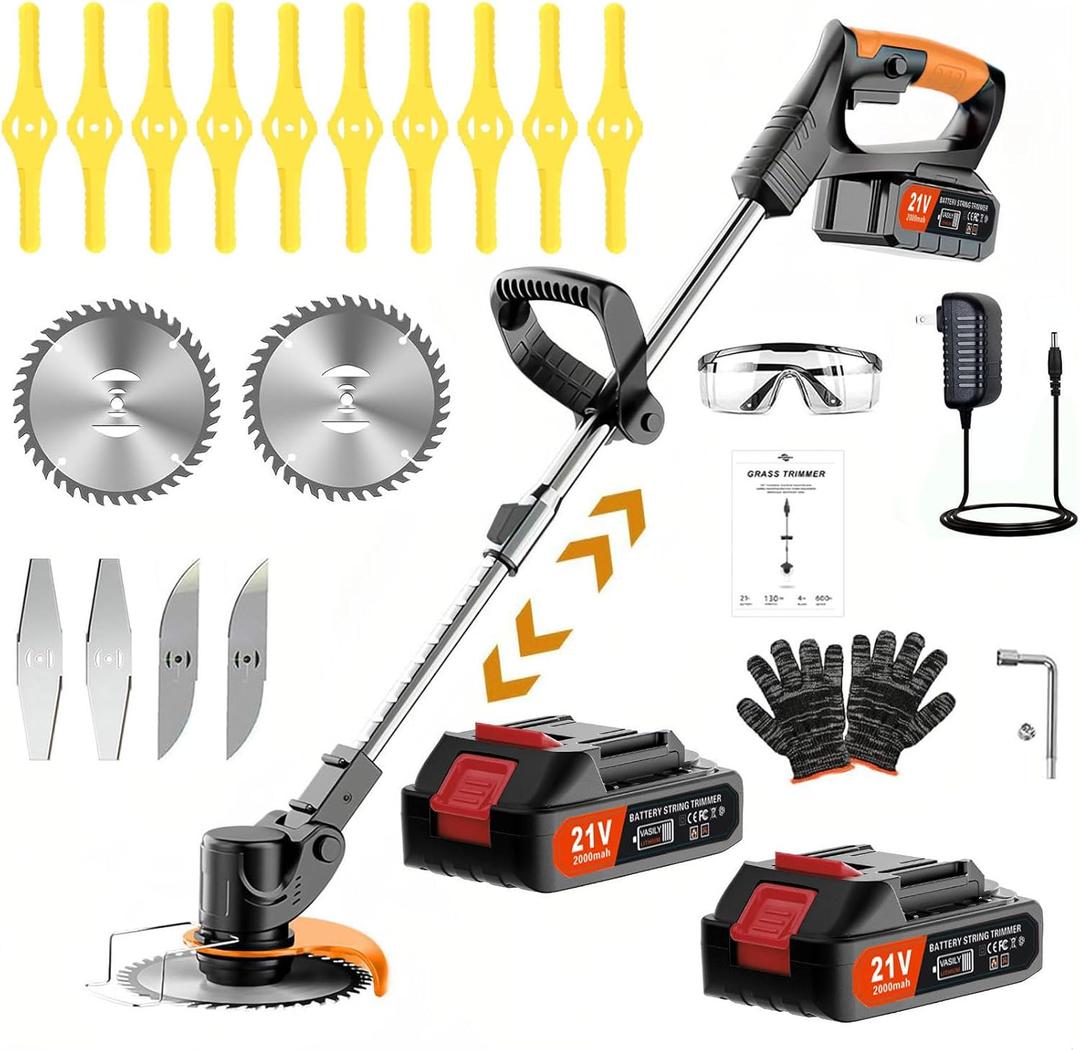 Weed Wacker Battery Operated 21V 2000mAh, 3-in-1 Weedeaters Cordless Brush Cutter Edger Lawn String Trimmer, with 4 Types Blades, 1 Charger1 Battery