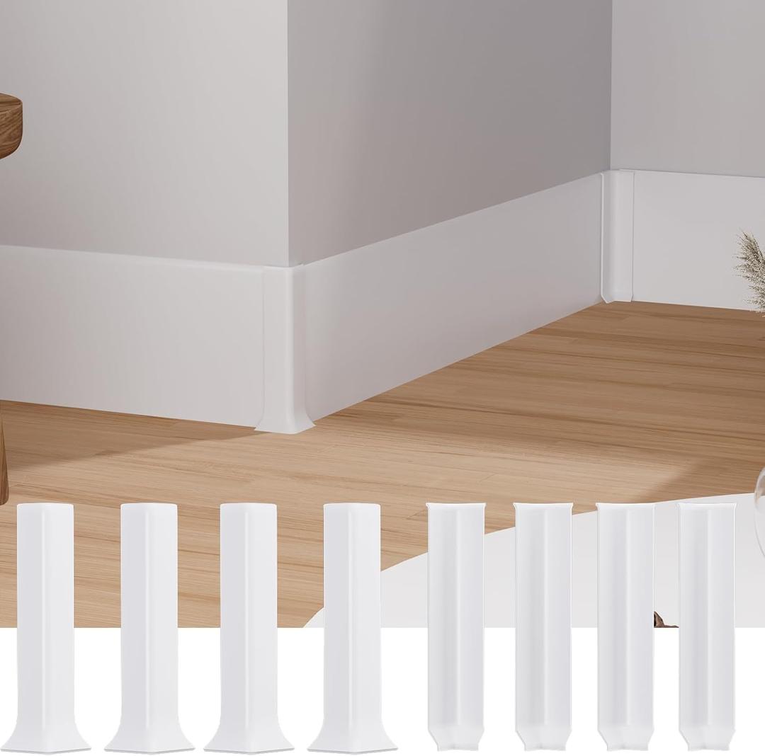 Duzzy 6" High Self-Adhesive Baseboard Corner Blocks, 4 Inside + 4 Outside PVC Corners Pieces Suitable for Baseboard Molding Trim (White)