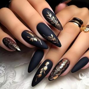 Fall Black Press on Nails Long Almond Fake Nails Gold Powder Full Cover Glue on Nails Gold Wheat Ears Design Oval Acrylic False Nail Autumn Matte Artificial Nail Reusable for Women