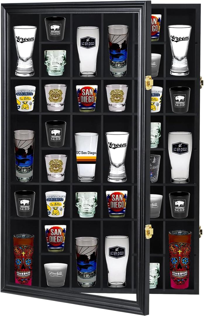 Furnishh 36 Slots Shot Glass Display Case with Lockable Door, Solid Wood Cabinet Collection Holder Wall Mounted Shot Glass Display Storage Box with Removable Shelves, 18"x26", Black