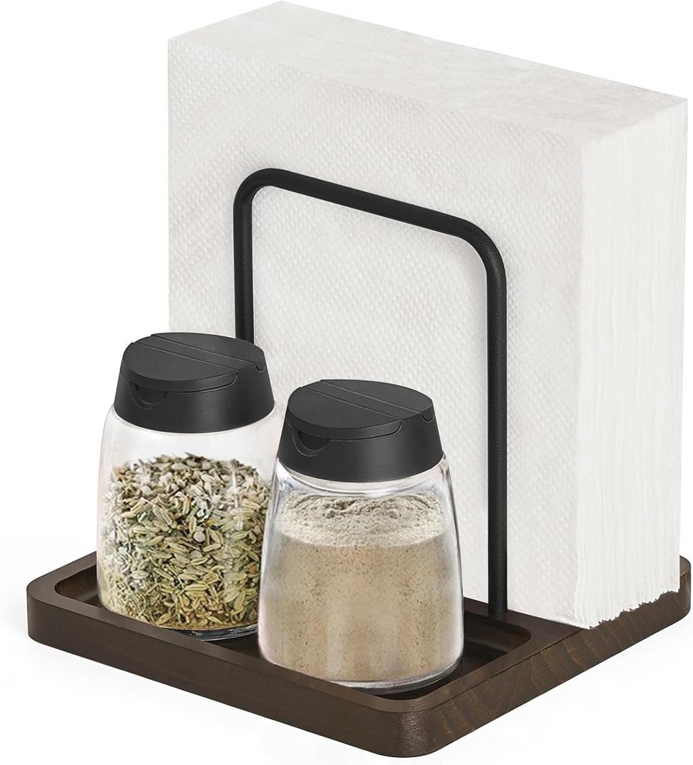 Mkono Napkin Holder for Table Farmhouse Wooden Napkin Dispenser Rustic Paper Napkin Storage for Kitchen Dining Room Coffee Bar, Brown (Salt and Pepper Shakers not Included)