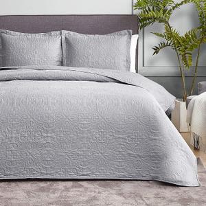 Hansleep Grey Quilt Queen Size - Baroque Ultrasonic All Season Bedspread Queen, Soft Lightweight Coverlet Bedding Set, 3 Piece (1 Quilt, 2 Pillow Shams) (Full/Queen-90"x96")