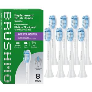 Brushmo Gum Care Sensitive Replacement Toothbrush Heads, Compatible with Philips Sonicare Click-on Toothbrush Handles, 8 Standard Heads, Extra Soft Dupont Bristles for Sensitive Teeth, BM658, White