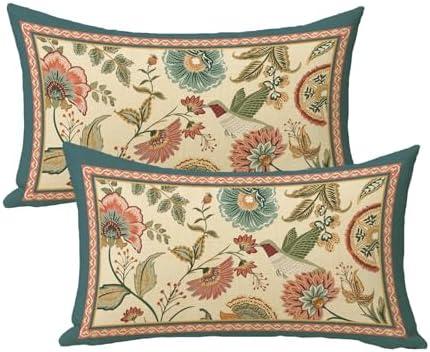 Fjfz Vintage Flower Birds Lumbar Decorative Throw Pillow Covers 12 x 20 Set of 2, Rectangular Elegant Floral Hummingbird Outdoor Home Decor, Farmhouse Wildflower Couch Cushion Case