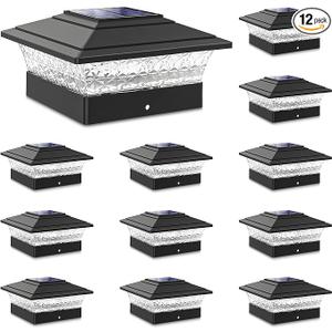 Solar Post Cap Lights Outdoor 12pack, Waterproof Fence Post Lights with 16 Ultra Bright LEDs Fit 4x4/5x5/6x6 Wood/Vinyl Posts, White Deck Post Lights with Warm/Cool White for Garden Patio Porch Yard