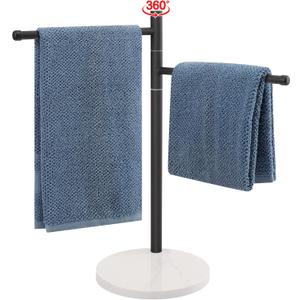 Hand Towel Holder, F-Shape Hand Towel Stand with Marble Base, Stainless Steel Swivel Hand Towel Rack Bar Standing for Bathroom Kitchen Countertop, 2 Arms (Matte Black)