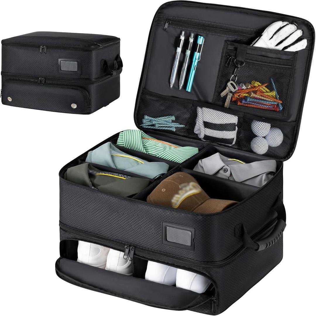 HIMAL HIMAL2 Layer Golf Trunk Organizer, Collapsible & Foldable Golf Travel StorageWaterproof Car Golf Bag with Independent Ventilation Compartment for 2 Pair Shoes (Black-Double layer)