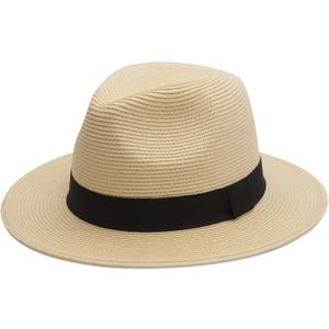 Joywant Womens Straw Fedora Beach Sun Hat, Packable Wide Brim Panama Hat for Women UV UPF50+ Summer Hat (Beige)