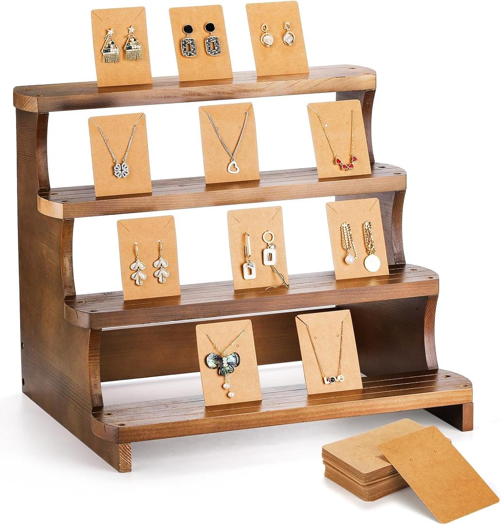 ZEAYEA 51pcs 4 Tier Wood Earring Display Stand, Retail Jewelry Organizer Stand with 50 Earring Cards, Ring Earring Holder Display Riser with Groove For Jewelry Business Tabletop Shows Home Using