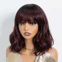 NOBLE Red Wig with Bangs for Women Short Colorful Wavy Bob Wig with Bangs Shoulder Length Ombre Wine Red Curly Wigs with Bangs Heat Resistant Synthetic Burgundy Colored Wigs for White Women (12 Inch (Pack of 1))