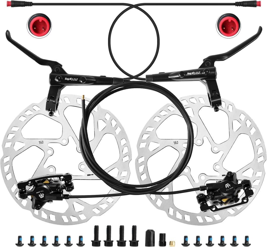 eBike Hydraulic Brake Set with 160mm Rotors,2-Piston 2-PIN Power-Off Hydraulic Disc Brake for E-Bike,Left Front 950mm Right Rear 1880mm Electric Bike Hydraulic Brakes (Black)