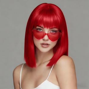 SUKRI Red Bob Wig with Bangs Short Red Wigs for Women Shoulder Length Wigs 12Inch Heat Resistant Synthetic Wig for Daily Party Cosplay