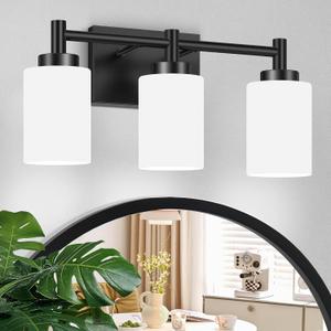 3-Light Bathroom Vanity Light Fixtures Over Mirror, Rustproof Vanity Lights for Bathroom, Modern Black Bathroom Lights Wall Mount with Milky White Glass Shades for Bedroom Living Room
