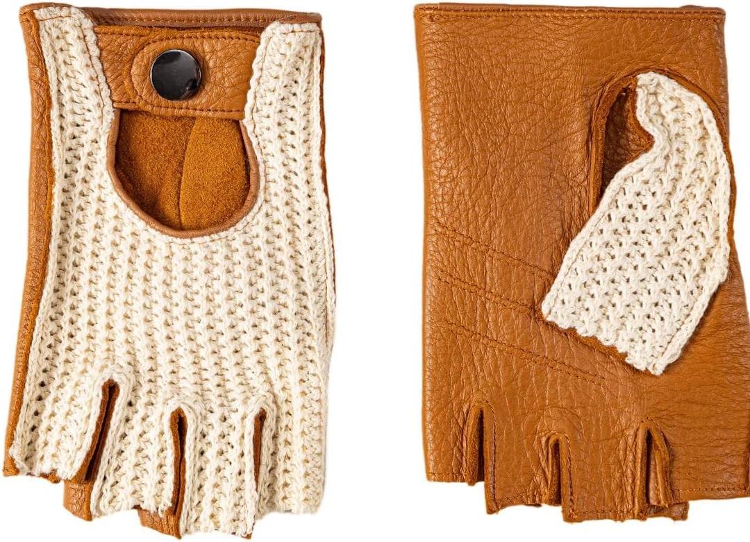 Fingerless Deerskin Leather Crochet String Back Gloves or Men - Driving, Motorcycle, Riding and Cycling (Small, Camel)