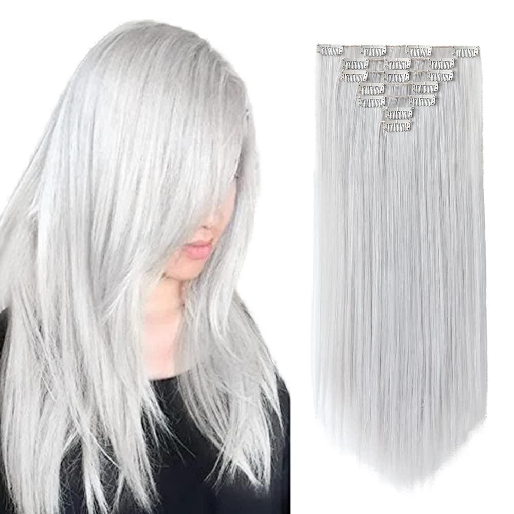 SYXLCYGG Silver White Hair Extensions Clip In Hair Extension Light Grey 22" Straight 5 Oz Hair Piece Womens Synthetic Fluffy Tangled Cheap