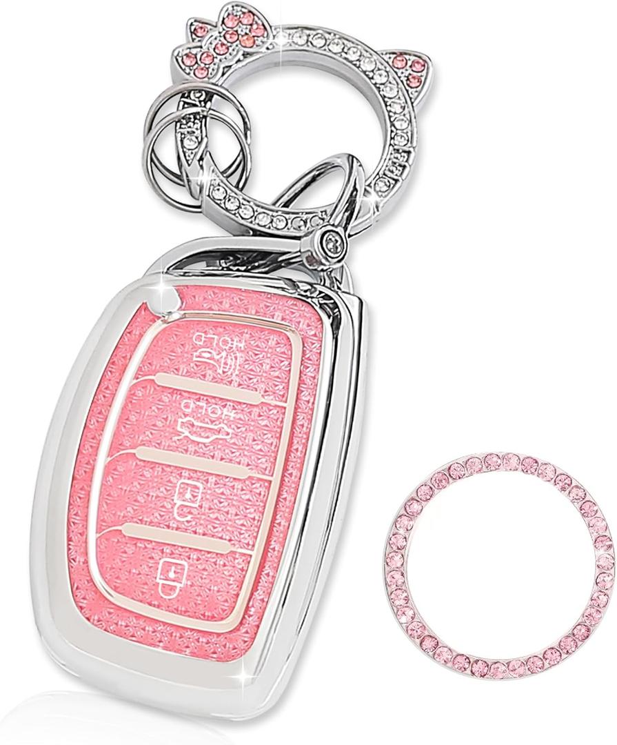 Key Fob Cover with Bling Cute Cat Clip Keychain& Push to Start Button Ring, Car Key Shell Compatible with Hyundai Elantra Ioniq Sonata Tucson Elantra GT Smart Key for Women, Pink-4 Buttons