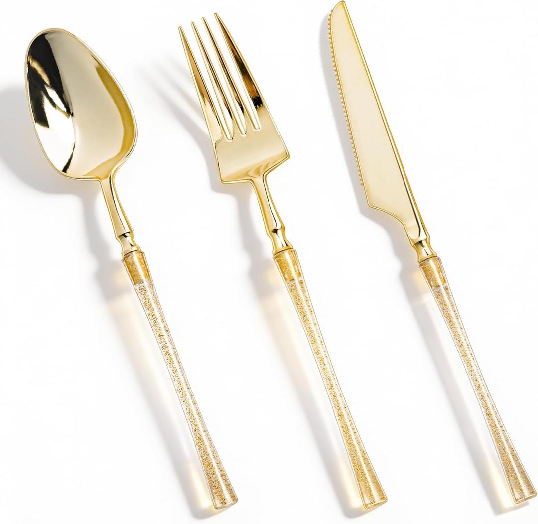 150PCS Gold Plastic Silverware, Heavy Duty Cutlery Silverware, Disposable Plastic Utensils, Include 50 Forks, 50 Knives, 50 Spoons for Party and Wedding, Shiny Gold