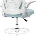 Drafting Chair Tall Office Chair with Flip-up Armrests, Adjustable Height, and Enhanced Lumbar Support - Ergonomic Rolling Stool, Back Support, and Adjustable Foot Rest Ring Light Blue 934W-Z
