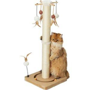 PEEKAB Cat Scratching Post 33 Inches Tall Large Sisal Scratch Posts with Track Ball Toys for Indoor Cats and Kittens, Vertical Scratcher Toy, Beige