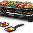 Raclette Table Grill, CUSIMAX Indoor Grill Electric Grill, Portable Korean BBQ Grill with 2 in 1 Reversible Non-stick Plate & Natural Grill Stone, 8 Raclette Pans 8 Wooden Spatulas for Family Fun (Jet Black)