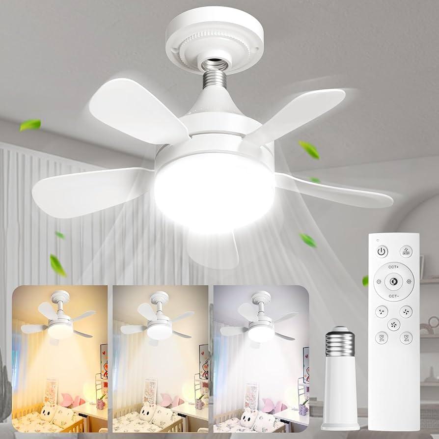 Socket Ceiling Fans with Lights and Remote - Socket Fan light with Dimmable Led Light Bulb, 3 Colors 3000K-6500K, 2000 Lumens, Screw in Small Ceiling Fan for Bedroom Living Room Kitchen Garage Indoor