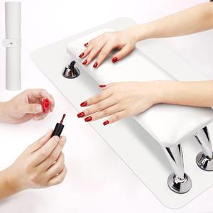 Loopeer 2 Set Nail Hand Rest with Foldable Table Mat Nail Arm Rest Manicure Tech Supplies Soft Pillow Footstool for Technician(White)