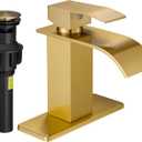 FRANSITON Brushed Gold Waterfall Bathroom Faucet Lavatory Single Handle 1 or 3 Hole Bathroom Sink Faucet with Deck and Pop-up Drain (Brushed Gold, Short)