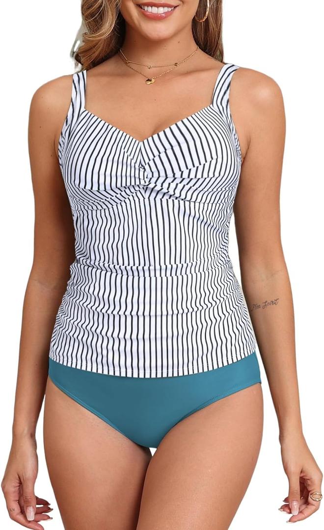 ZAFUL Women's Tankini Bathing Suits Tummy Control Twist Front High Waisted Cut Out Swimsuits Two Piece Swimwear (X-Large, 2-haze Blue)