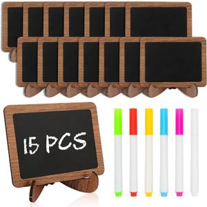 Temlum 15 Pcs Mini Chalkboard Sign with 6 Color Chalk Markers, 2.9 x 3.9 Wooden Blackboard Reusable Small Chalkboards for Food, Buffet, Parties, Message Boards, Table Numbers (Rectangular)