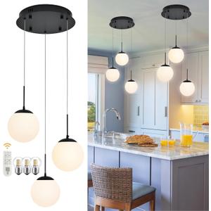 KoKo&Yukina 3 Light Globe Glass Pendant Light Modern Black Globe Chandelier Adjustable Length Pendant Light Fixtures Milky White Glass Ceiling Light for Foyer Hallway, 3-light, D11.8"
