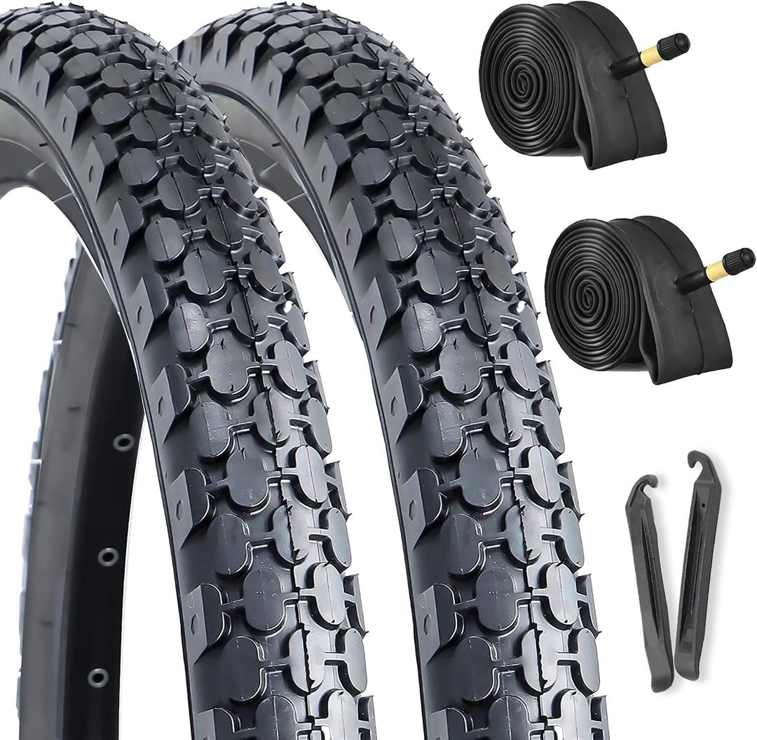 2-Pack Cruiser Bike Tires Set: Hycline 26x2.125 inch Folding Replacement Puncture-Resistant Bicycle Tires and Pair 26-inch Inner Tubes with Tire Levers for Beach or Urban City Commuter Bike-Black