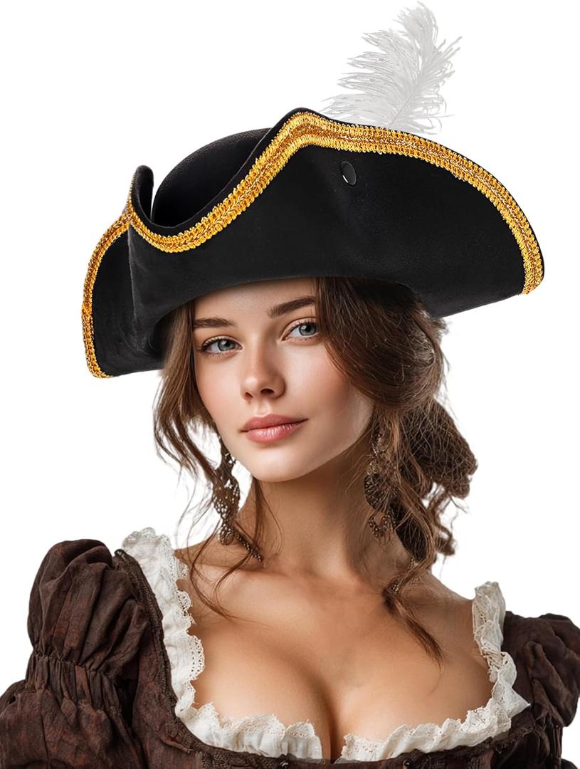 Ibeauti Pirate Hat for Women Men Colonial Tricorn Hat Halloween Pirate Costume Accessories (Black Feather)