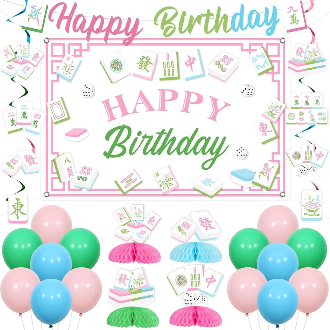 Mahjong Balloons, 25PCS Mahjong Party Decorations include 1PC Aluminum Foil Banner 24PCS Latex Balloons for Birthday, Game Night, Mahjong Night, Cocktail Parties & Celebrations (Blue)