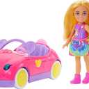 Barbie Chelsea Toy Car Set with Bear-Themed Convertible & Teddy Bear Accessory, Blonde Small Doll Wears Removable Skirt & Shoes