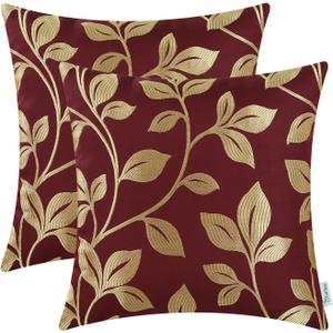 CaliTime Throw Pillow Covers Pack of 2 Cute Growing Leaves Cushion Cases Shells for Couch Sofa Home Decoration 18 X 18 Inches Burgundy/Gold