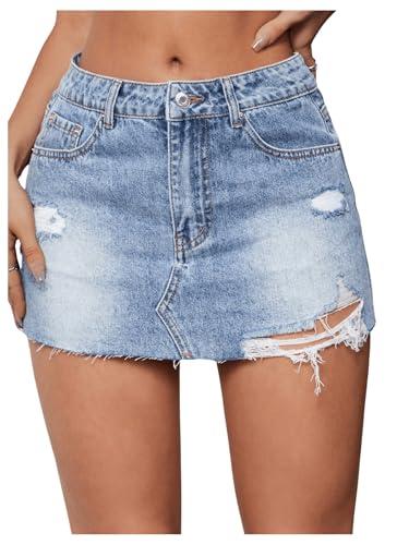 MakeMeChic Women's Ripped Distressed Trim Drop Waist Straight Hem Denim Mini Skirt Blue X-Small