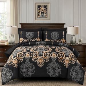 Mybedsoul Black Queen Comforter Set, 7 Pieces Gold Boho Bed in a Bag for Queen Bed, Damask Comforter with Sheets Pillowcases, Soft Microfiber Lightweight Bedding Sets for All Season(90"x90")
