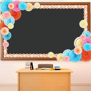 Supervitae Spring Bulletin Board Decorations Boho Groovy Bulletin Board Borders 3D Pastel Paper Fans Border for Classroom Boho Tissue Paper Flowers for School Classroom Blackboard Home Wall Decor