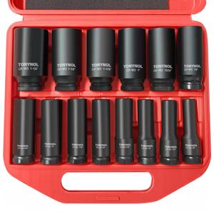 TONYNOL 1/ 2 Inch Deep Drive Impact Socket Set, 6-Point, SAE(3/ 8" to 1-1/ 4"), 14 Pcs, Cr-Mo Steel, With a Storage Case