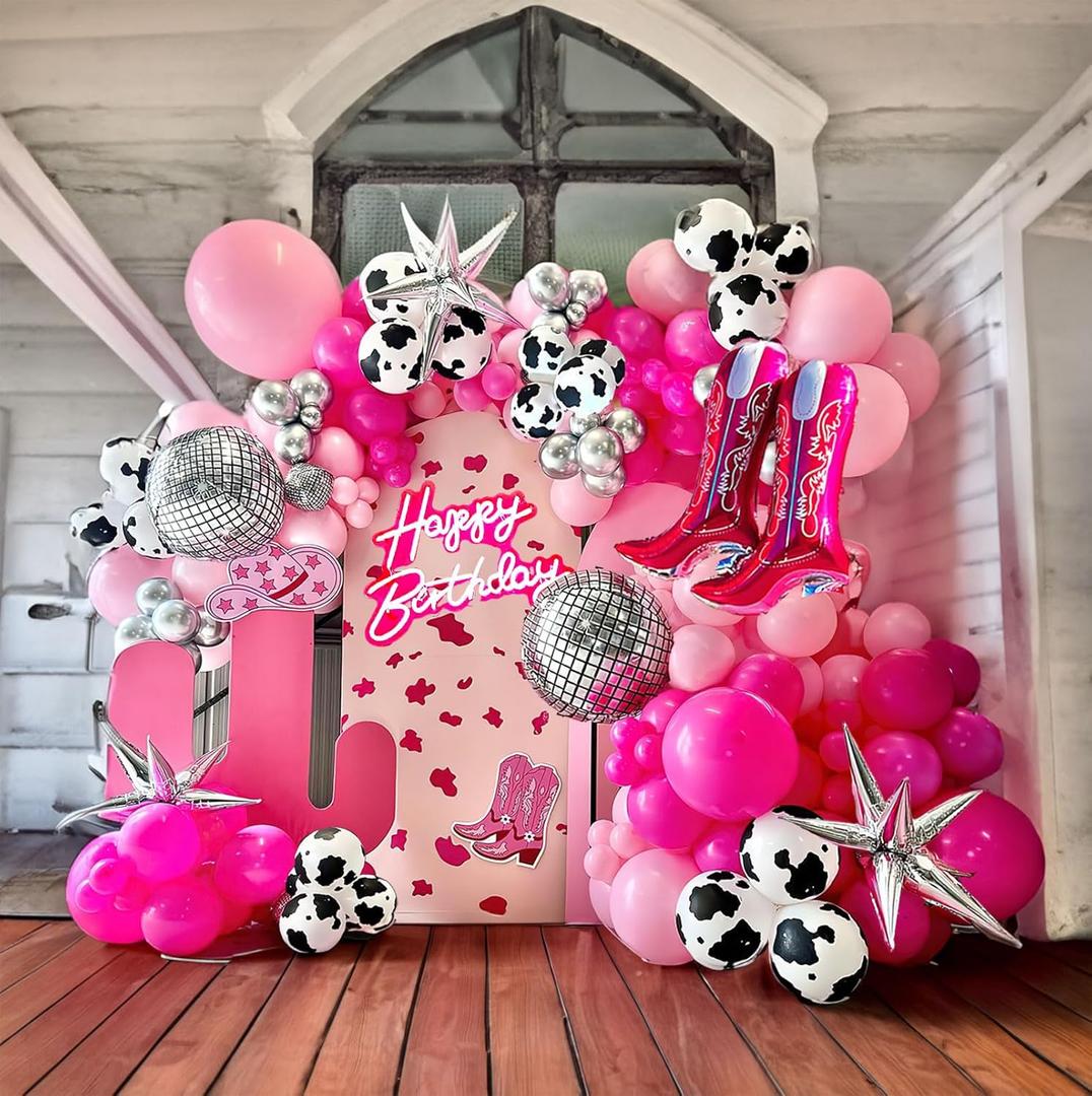 Farm Cowgirl Disco Balloon Garland Arch Kit 120P+ Hot Pink And Silver Balloons With Cowgirl Boots Disco Ball Star Mylar Balloon For Women 30th Birthday Last Rodeo Bachelorette Party Decorations