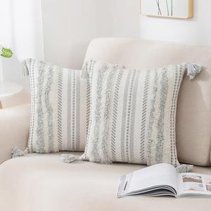 decorUhome Summer Decorative Boho Throw Pillow Covers 18x18 Set of 2, Accent Neutral Textured Tufted Pillow Covers Striped for Couch Bed Sofa Living Room, Grey and Cream White