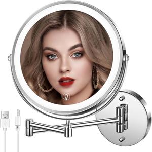 Wall Mounted Lighted Makeup Mirror, 8" Rechargeable Double-Sided Light up Magnifying Mirror 1x/10x, 3 Colors Led Vanity Mirror with Lights, Touch Dimmable 360 Rotation Foldable (Silver)