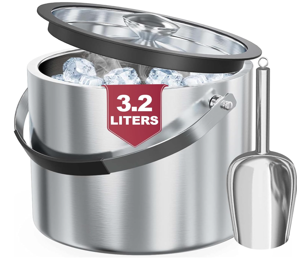 3.2L Double Wall Stainless Steel Ice Bucket with Lid,Scoop, Updated Insulated Ice Bucket for Cocktail Bar and Parties