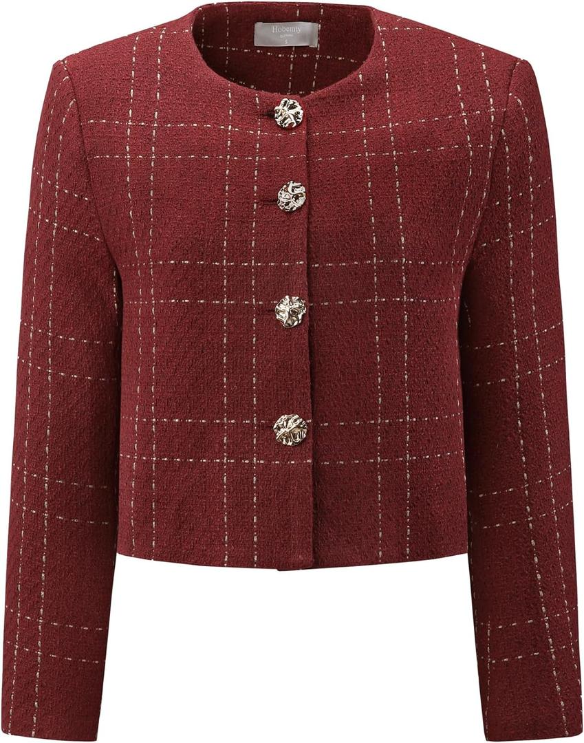 Women's Collarless Blazer Plaid Button Front Crop Tweed Jacket (Medium, Red)